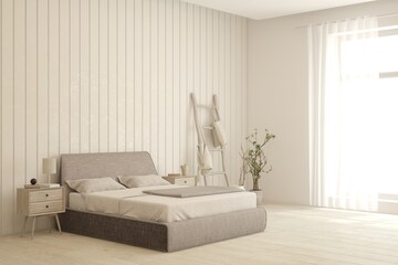 White bedroom concept. Scandinavian interior design. 3D illustration