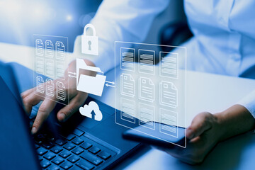   Online documentation database;  document management system DMS concept.  FTP (File Transfer Protocol), Secure FTP. Internet cloud technology, exchange information and data storage concept.