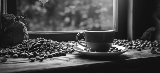 Coffee with coffee beans in black and white - obrazy, fototapety, plakaty