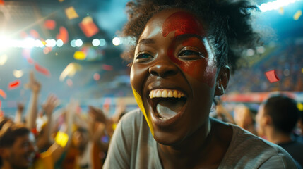 An ecstatic young woman with colorful face paint is cheering and enjoying herself at a festive event, surrounded by a crowd of equally excited fans.