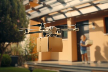 Obraz premium Smart package Drone Delivery route optimization. Box shipping urbanization density parcel drone delivery system transportation. Logistic tech green logistic mobility smart infrastructure