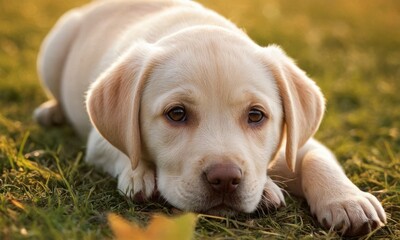 Cute labrador dog puppy with white fur lies in the grass - 740946501