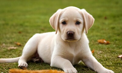 Cute labrador dog puppy with white fur lies in the grass - 740946503
