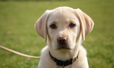 Cute labrador dog puppy with white fur lies in the grass - 740946505