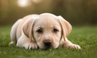 Cute labrador dog puppy with white fur lies in the grass - 740946511