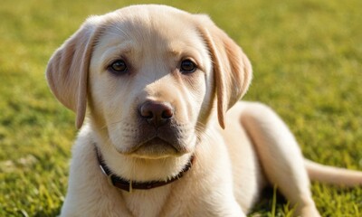 Cute labrador dog puppy with white fur lies in the grass - 740946524
