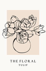 Outline Tulip bouquet in a glass vase. Hand drawn Vector illustration. Elegant one continuous line style. Isolated floral design element. Poster, print, card, decoration template - 740946525