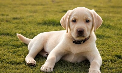 Cute labrador dog puppy with white fur lies in the grass - 740946529