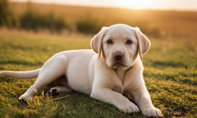 Cute labrador dog puppy with white fur lies in the grass - 740946543