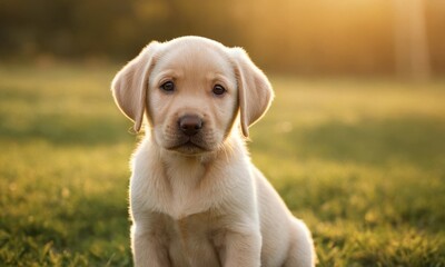 Cute labrador dog puppy with white fur lies in the grass - 740946549