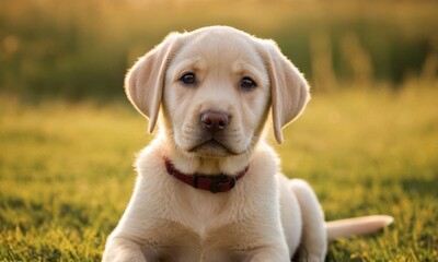 Cute labrador dog puppy with white fur lies in the grass - 740946553