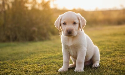 Cute labrador dog puppy with white fur lies in the grass - 740946556