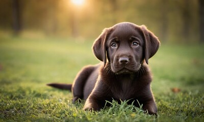 Cute Labrador dog puppy with black fur lies in the grass - 740946561