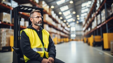 Portrait of warehouse worker by forklift, checking stock, preparing items for shipment