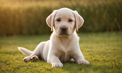 Cute labrador dog puppy with white fur lies in the grass - 740946569