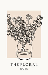 Outline Rose bouquet in a glass vase or jar. Hand drawn Vector illustration. Elegant one continuous line style. Isolated floral design element. Poster, print, card, decoration template - 740946573