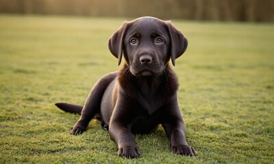 Cute Labrador dog puppy with black fur lies in the grass - 740946578