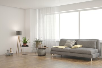 White scandinavian interior design with sofa. 3D illustration