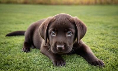 Cute Labrador dog puppy with black fur lies in the grass - 740946586