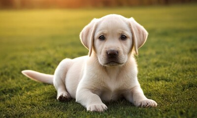 Cute labrador dog puppy with white fur lies in the grass - 740946587