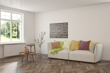 White living room with sofa and summer landscape in window. Scandinavian interior design. 3D illustration