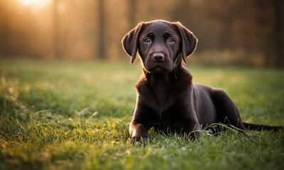 Cute Labrador dog puppy with black fur lies in the grass - 740946599