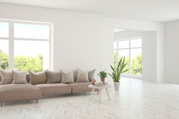 White living room with sofa and summer landscape in window. Scandinavian interior design. 3D illustration