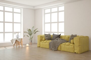 White living room with sofa. Scandinavian interior design. 3D illustration