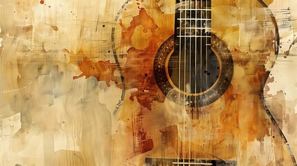 vintage watercolor illustration grungy texture,  guitar with color splash, acoustic song or country folk song theme poster background, Generative Ai - obrazy, fototapety, plakaty