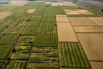 An aerial view reveals the patchwork beauty of rectangular agricultural plots in varying shades of green and gold