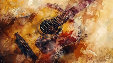 vintage watercolor illustration grungy texture,  guitar with color splash, acoustic song or country folk song theme poster background, Generative Ai - 740946772