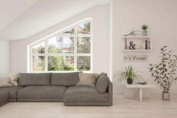 Fototapeta premium White living room with sofa and summer landscape in window. Scandinavian interior design. 3D illustration