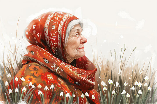 Grandmother Marta on spring field with snowdrops. Baba Marta Day, Martenitsa. Moldovan Romanian and Bulgarian spring meeting holiday concept 