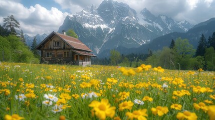 Fototapeta premium Lush and vast pasture with a lot of wildflowers on it and panoramic view on the Millstaettersee lake from Granattor in Austrian Alps.
