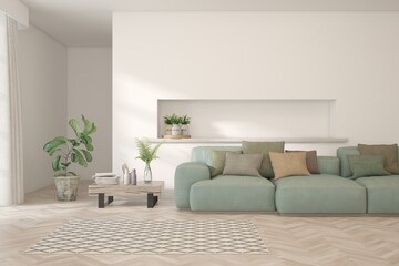 Naklejka premium White living room with sofa. Scandinavian interior design. 3D illustration