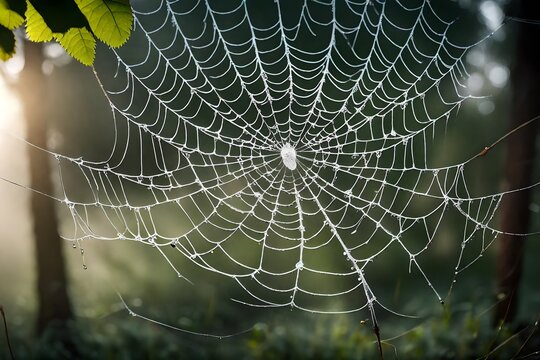 : A close-up of a dew-covered spider web in a misty morning forest