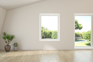 White empty room with summer landscape in window. Scandinavian interior design. 3D illustration