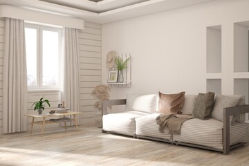 White living room with sofa. Scandinavian interior design. 3D illustration