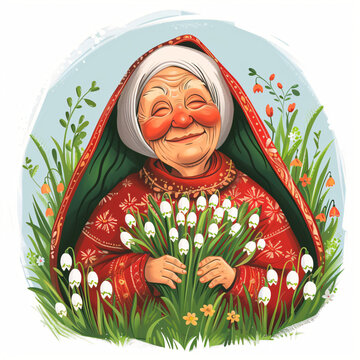 Grandmother Marta on spring field with snowdrops. Baba Marta Day, Martenitsa. Moldovan Romanian and Bulgarian spring meeting holiday concept 