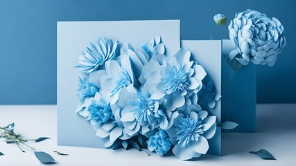 Tranquil setting with a seamless arrangement of blue paper flowers, evoking a sense of peace and serenity, perfect for a greeting card or postcard design.