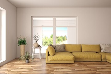 White scandinavian interior design with sofa. 3D illustration