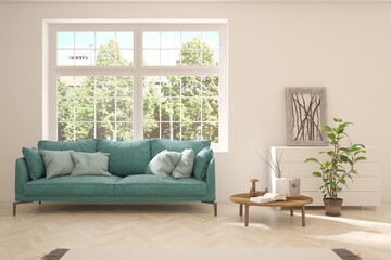 White living room with sofa and summer landscape in window. Scandinavian interior design. 3D illustration