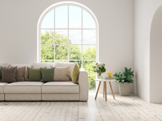 Modern interior concept with sofa and summer landscape in window. 3D illustration
