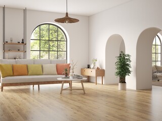 White living room with sofa and summer landscape in window. Scandinavian interior design. 3D illustration