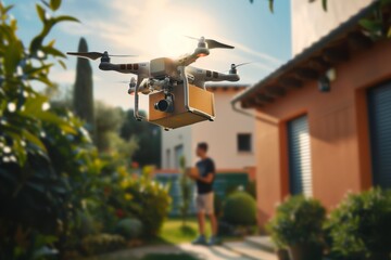 Smart package Drone Delivery urban development. Box shipping municipality parcel prescription delivery drone transportation. Logistic tech freight hub mobility construction freight drone - obrazy, fototapety, plakaty