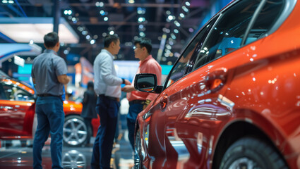 Close-up of a fictional orange car at an auto show booth with people in the background