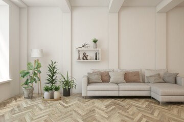 White living room with sofa. Scandinavian interior design. 3D illustration