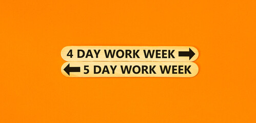 5 or 4 day week symbol. Concept word 5 day week or 4 day week on beautiful wooden stick. Beautiful orange table orange background. Business and 5 or 4 day week concept. Copy space.