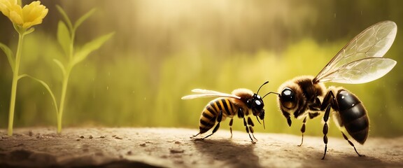 Two honeybees, pollinating insects and valuable arthropods, are perched next to each other on a rock in a natural landscape surrounded by grass and wood - obrazy, fototapety, plakaty