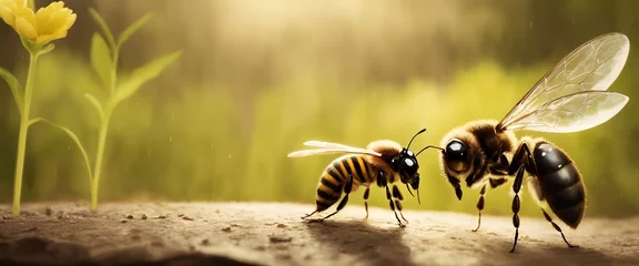 Rolgordijnen Two honeybees, pollinating insects and valuable arthropods, are perched next to each other on a rock in a natural landscape surrounded by grass and wood © video rost